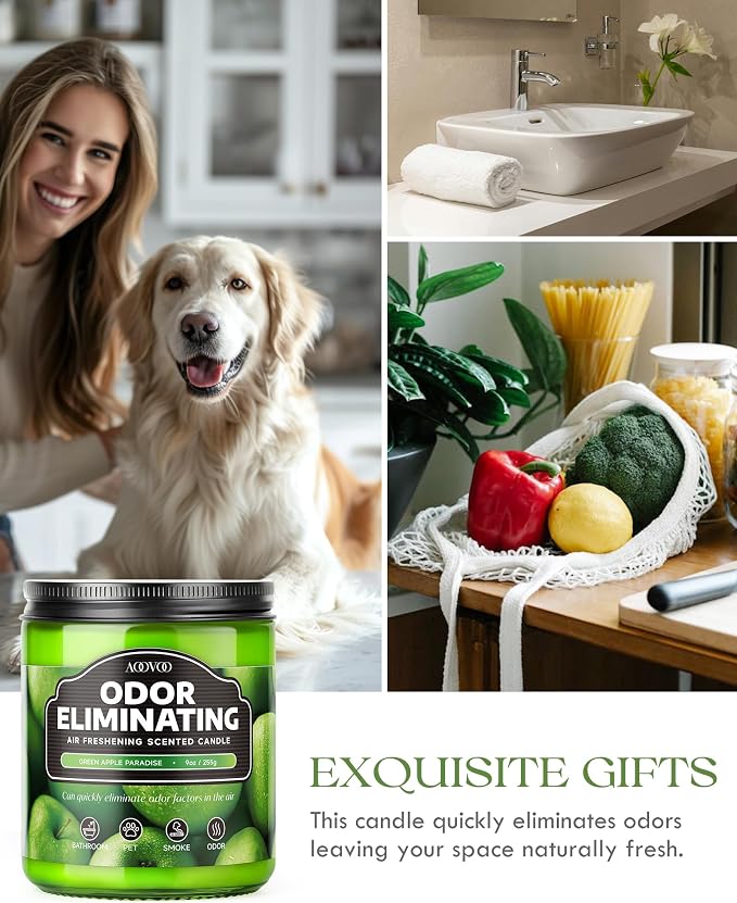 AOOVOO Green Apple Odor Eliminating Candle - 9 oz Soy Candles for Home | Eliminates 95% of Pet, Smoke, Food, and Other Smells Quickly, Non Toxic Air Freshing Candle, Up to 50 Hours Burn time