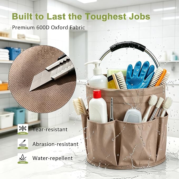 Cleaning Supply Caddy, 17L Foldable Cleaning Caddy with Handle and 6 Pockets, 600D Oxford Fabric Portable Shower Caddy, Bucket Bag for Cleaning Products, Camping, Khaki
