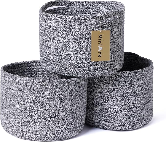 MiniArk Small Basket for Organizing | Cube Shelf Closet Storage Baskets | 9.7×9.7×7.1” | Woven Rope Gift Basket | Nursery | Round 3 Packs Mixed Grey