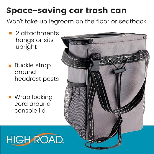 High Road StashAway Heavy Duty Car Trash Can with Rubber Lid | Gray Car Garbage Can with 3 Storage Pockets and Sturdy Panels - Sits Behind the Console or Hangs from the Headrest