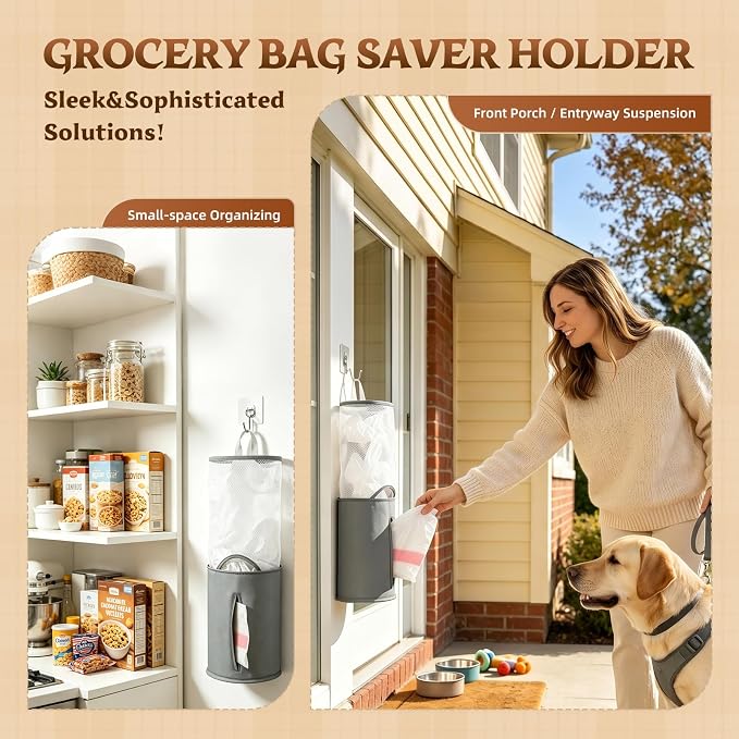 HOUSE AGAIN Bag Saver-Extra Large Plastic Bag Holder Dispenser, Organizer for Grocery Trash Roll,Oxford Machine Washable-Daily Storage Solution for Kitchen/Bathroom/Laundry (Deep Grey-1 Pc)