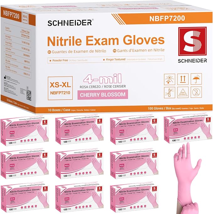 Schneider Medical Nitrile Exam Gloves, Powder & Latex Free, Pink | Disposable for Medical Exams, Cooking, Food Prep, Cleaning, Home, Household Use, 4Mil