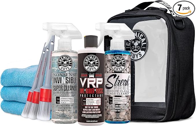 Chemical Guys, All Surface Clean & Shine Kit, Interior, Glass & Dressing | Interior cleaner, glass cleaner, dressing, towels and brushes in a storage bag, a giftable all-surface set