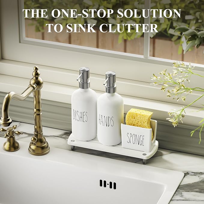 Cisily Housewarming Gifts New Home Basket, Kitchen Soap Dispenser Set Comes with Ceramics Sponge Holder, Silver Stainless Steel Pumps, and Instant Dry Tray, Hand and Dish Soap Dispenser Set