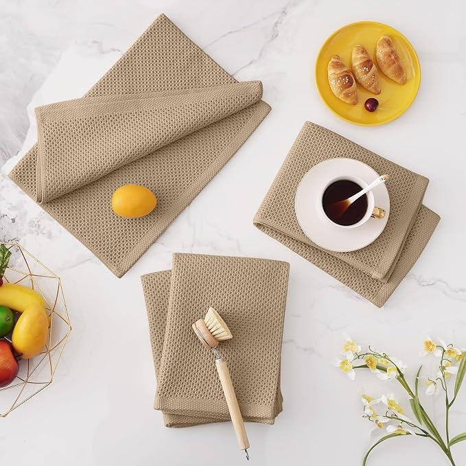 Homaxy 100% Cotton Oversized Waffle Weave Kitchen Towels 4-Pack, Tan | 20 x 28 Inches, Ultra Soft Absorbent Dish Towels, Quick Drying Large Cleaning Towels