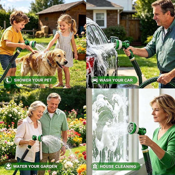 Garden Hose 25FT, Ultra Lightweight with 10-Function Nozzle | Kink-free & leak-proof 25FT hose. Ultra-lightweight 2.8 lbs, durable fittings, 10-pattern nozzle. Includes 3 extra washers.
