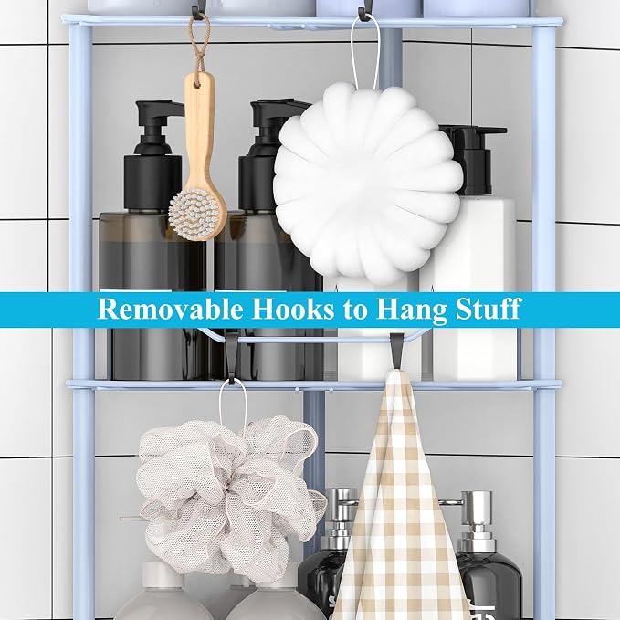 HuggieGems Metal Floor Standing Corner Shower Caddy, Blue, 3 Tier | Adhesive Bathroom Organizer Shelves, Free Standing Shower Rack with Hooks, Hold Large Shampoo Bottles