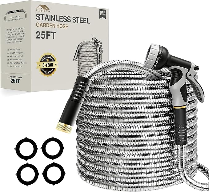 Lefree 25FT Metal Garden Hose with Upgraded Leak‑Proof Rubber Sleeve | Lightweight Kink‑Free, Stainless Steel Hose 25Ft x 5/8 in, 550 PSI, 10‑Pattern Nozzle for Patio, Backyard, Car Washing & Pet