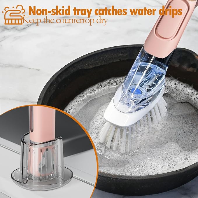RIMAY Soap Dispensing Dish Brush Set with 2 Brush Refills and Holder | Dish Scrubber with Handle Kitchen Dishwashing Brush Dish Wand for Dishes, Pans, Pots And Sink, Pink
