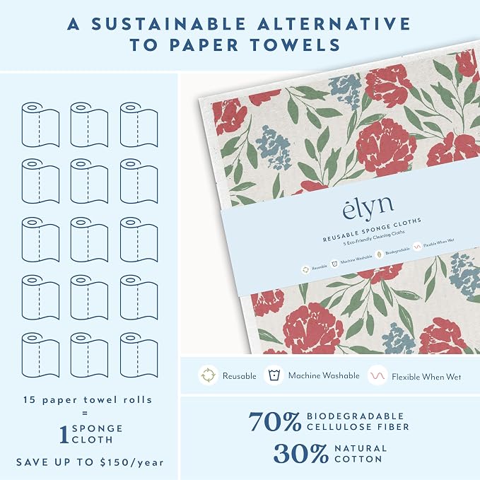 ELYN Swedish Dishcloths, Reusable & Washable Sponge Cloths, Absorbent Cleaning Paper Towels for Kitchen, Dishes, Counters and More, 5 Pack, Assorted Soft Botanical Patterns