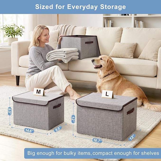 Bagnizer Large 42 Quarts Fabric Storage Bins with Lids [2-Pack] Linen Collapsible Foldable Storage Cubes, Closet Organizer Containers boxes with Handles for Home Office (16.7 x 12 x 12, Gray)