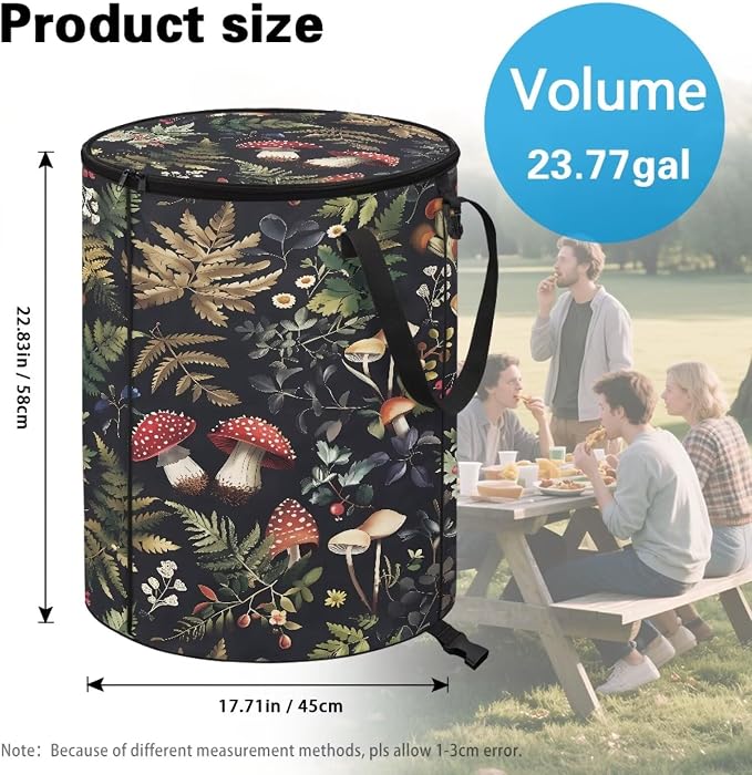 Leaves Mushroom Outside Garbage Can with Lid 24 Gallon Collapsible Trash Can Easy to Clean Pop-Up Storage Bag for Outdoor Parties Foldable Reusable Trash Bin Camper Must Haves
