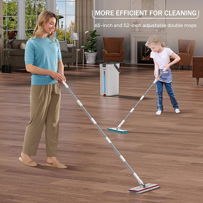 HoMettler Dual Mop and Bucket Set, Flat Mop and Bucket System with Separate Dirty and Clean Water, 3-Compartment Wall Cleaner Mop, Flat Mops for Floor Cleaning with 6 Microfiber Pads - White