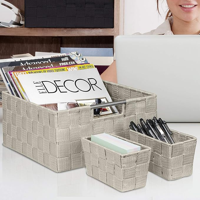 Sorbus Baskets for Organizing, 7-Piece Hand-Woven Storage Set (Beige) | Mesh organizers with handles keep linens and accessories sorted on closet shelves; seven-piece variety fits many spaces.
