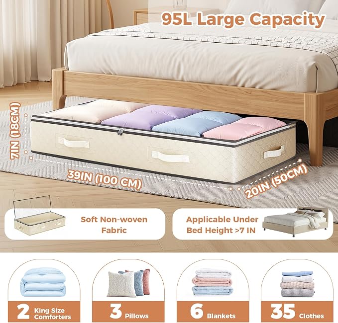 Budding Joy 95L Underbed Storage Containers, 4 Pack Closet Organizers Beige | Underbed Storage Bags for Blankets, Towels, Comforter, Sweaters, Linen Sheets, Wrapping Paper