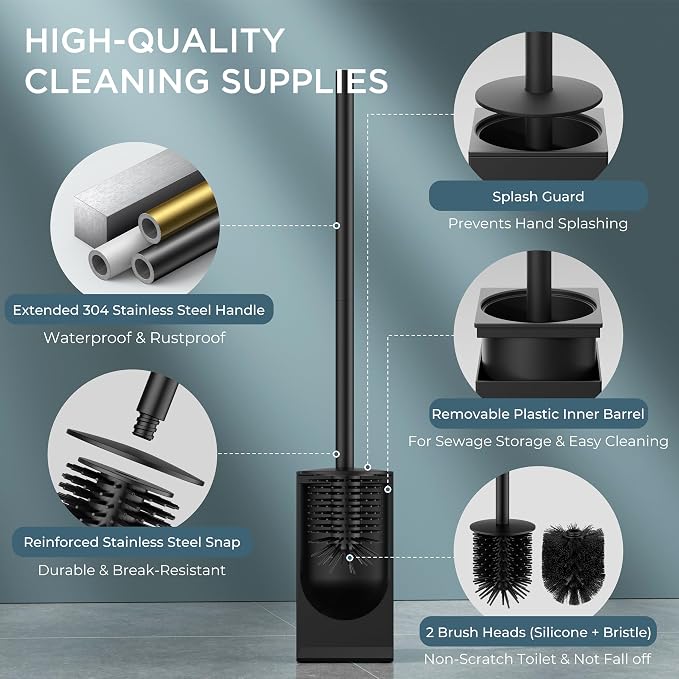 FORIOUS Stainless Steel Toilet Bowl Brush Scrubber and Holder Set Short | Black, Extended Handle, Removable Inner Bowl, Stable Splash Guard, Steel Joint, Scratch‑Resistant Bristles, for Bathroom RV