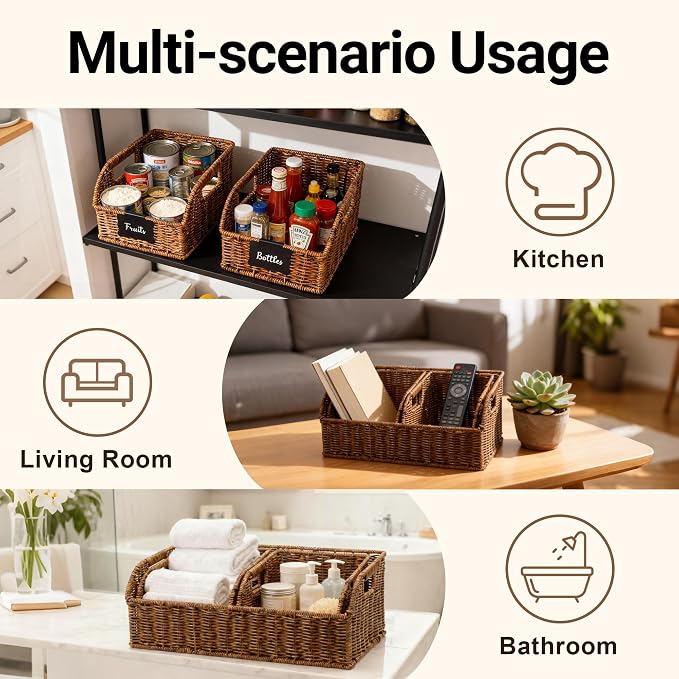Brownlily Faux Wicker Pantry Storage Baskets, Brown-Double Set (6-Piece) | Handwoven Baskets for Organizing with Built-in Handles, All-Purpose Storage Baskets with Chalkboard for Shelves,Laundry Room