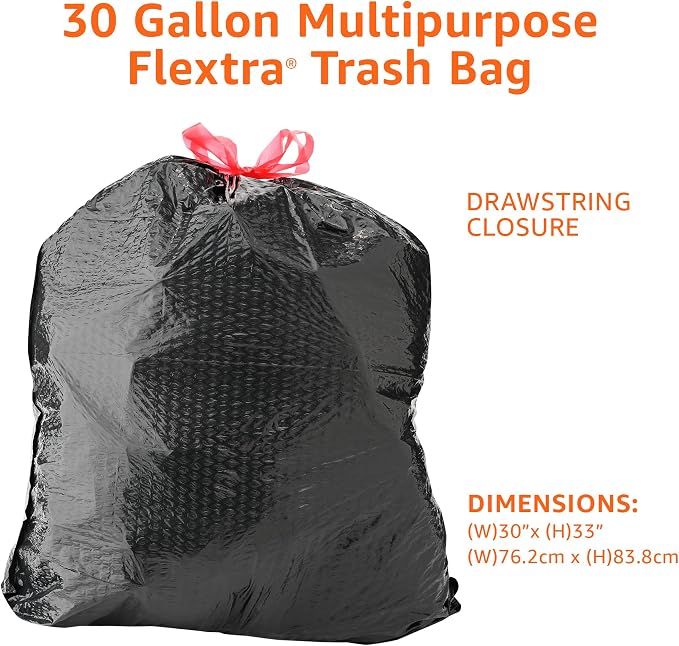 Amazon Basics 30 Gallon Flextra Strength Multipurpose Drawstring Trash Bags,20% Post Consumer Recycled Material,Tear Resistant,Black,(Pack of 300)