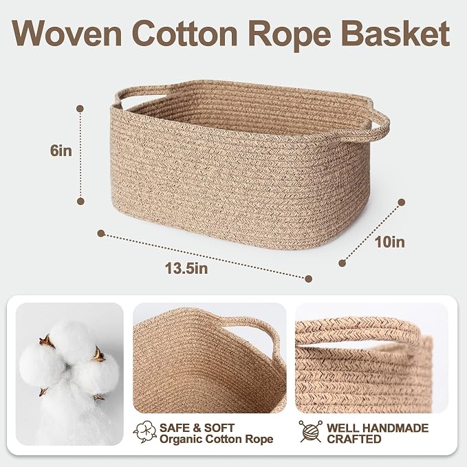 Cute Brown Gift Basket, Woven Baskets for Gifts Empty, Cotton Rope Storage Bin for Organizing, Decorative Dog Toy Box, Baby Nursery Organizer, Wicker Easter Basket with Handle, Room Decor