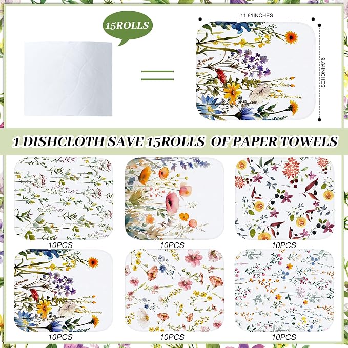 Reusable Kitchen Cloths Cotton Towel, 60 Pack, Wildflowers | Washable 9.84x11.81in, Paperless Towel Rolls Bulk, Cleaning Cloth Napkins for Dishes
