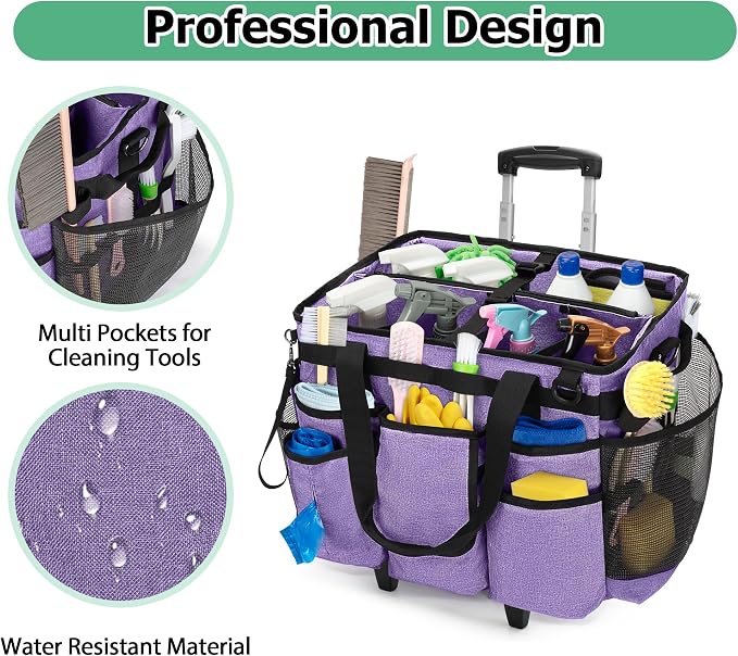 LoDrid Professional Rolling Cleaning Bag with Detachable Trolley, Purple | Portable Cleaning Cart with Shoulder Strap for Housekeepers, Patent Design