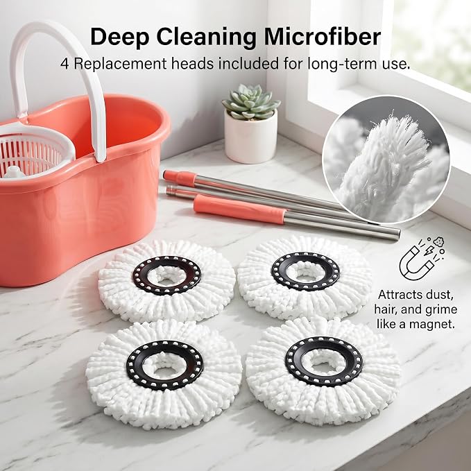 Pink Spin Mop and Bucket with Wringer Set 360 Rotating Mop 3 Mop Refills