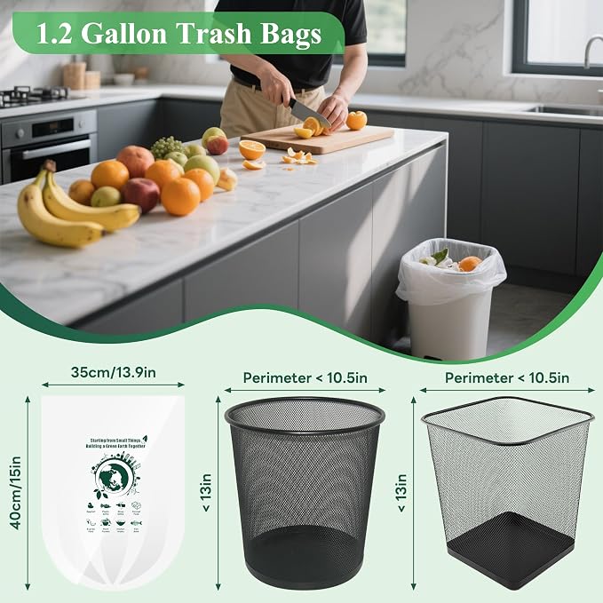 Small Trash Bags 1.2 Gallon - Biodegradable Gallon Waste Bag for Bathroom | Mini Compostable Strong Bathroom Wastebasket Can Liners Garbage Bags for Home Office Kitchen Fit 5 Liter 5L 1 Gal White