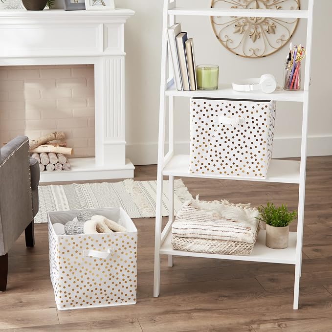 DII Woven Polyester Storage Bin, Polka Dot, White & Gold, Large Set of 2