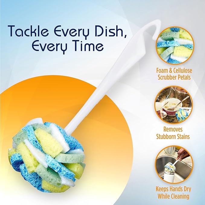Compac Home Dish Wand Plus Cello, Foam & Scour Sponge Petals Brush and Clean Dishes, Pots, Bottles, & Glassware, 2 Count