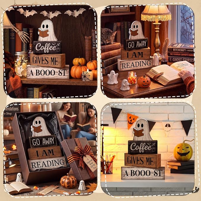 Moucuny 4 Pcs Halloween Table Decor Wooden Ghost Reading Stacked Block Sign | Rustic Farmhouse Centerpiece, Stacked Wood Signs With Ghost Reading Book, Tiered Trays And Shelves For Home Office Library