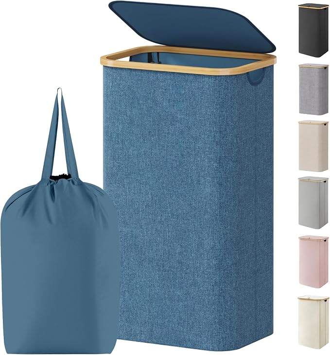 Lifewit 105L Laundry Basket with Lid, Clothes Hampers for Laundry with Bamboo Handles and 1 Removable Bag, Large Foldable Laundry Hamper for Bedroom, Bathroom, Dorm, Laundry Room, Dark Blue