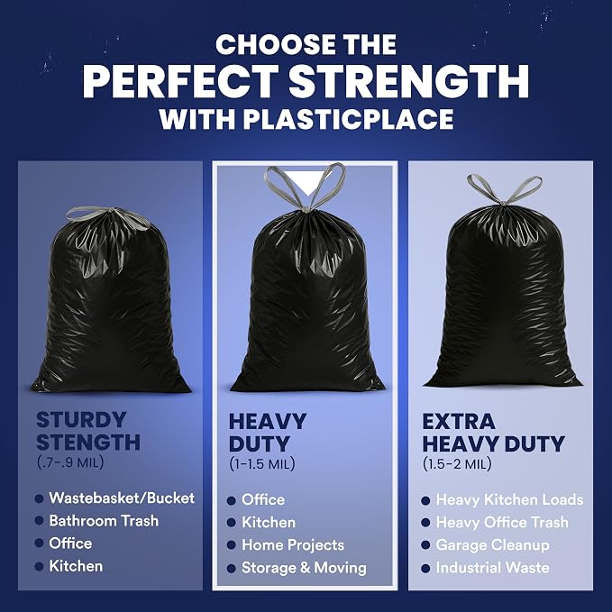 Plasticplace W13DSBKJR 13 Gallon Trash Bags │ 1.2 Mil │ (50 Count) Black Extra Tall Garbage Can Liners │ 24” x 31”