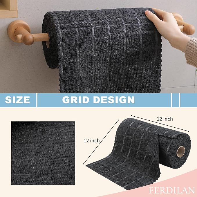 Ferdilan 80 Pack Microfiber Cleaning Cloth Roll,Lint Free Rags Paper Towels & Tear Away Reusable Towels,Washable Shop Rags,Wash Cloths Dish Rags(12" x 12") for Car Kitchen Window Garage-Black