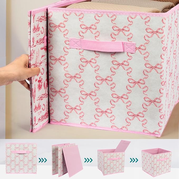 6 Pcs Pink Bow Cube Storage Bins 12.5 Inch Storage Basket with Handle, Cute Girls Organizer Basket, Collapsible Fabric Box for Classroom Bedrooms Office Home Decoration (Bow)