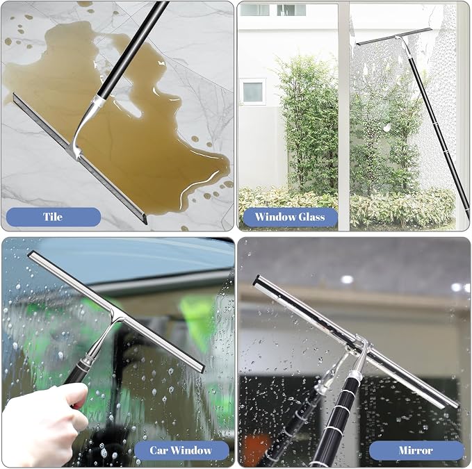 Shower Squeegee with Long Handle,Window Squeegee with Extension Pole Squeegee for Shower Glass Floor Squeegee, Telescoping Shower Squeegee for Glass Door, Tile Wall, Car,Floor | 2 Hooks, Squeegee for Shower Glass Floor Squeegee, Telescoping Shower Sque...