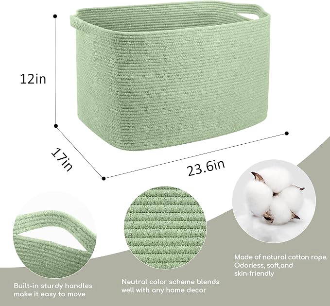 MEGASKET Large Green Baskets for Organizing, 23.6" x 17" x 12" Rectangle Blanket Holder Organizer, Kids Toy Storage Bins, Woven Rope Storage Basket, Green Home Decor Basket, Baby Nursery Storage