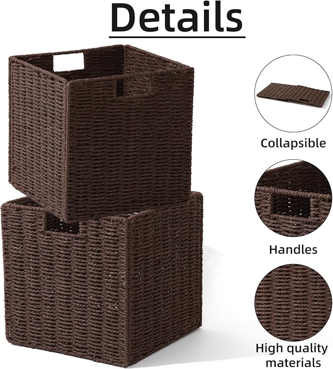12x12x12 Inch Wicker Storage Basket, Set of 2 Hand-Woven Paper Rope Wicker Baskets, Foldable Cube Storage Bins, Brown Storage baskets Cubes, Square Baskets for Organizing Shelves Decor