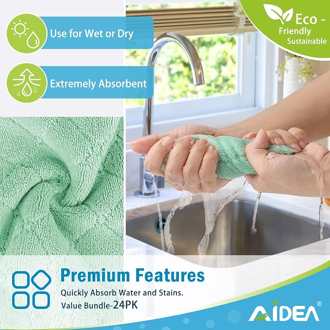 AIDEA Kitchen Dishcloths, 24 PK Reusable Dish Towels Coral Fleece 6"x10.4" | Absorbent Microfiber Cleaning Cloths No Odor No Pilling, Fast Drying Kitchen Towels, Soft Fabric Dish Rags for Washing Dishes
