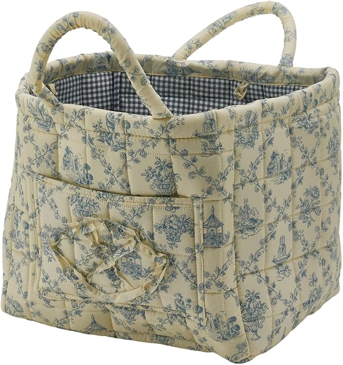 Quilted Fabric Storage Basket with Handles & Pocket, Foldable Laundry Hamper Boho Floral Print Organizer Bin for Home, Picnic, Office 12"x10"x10" (B-3)