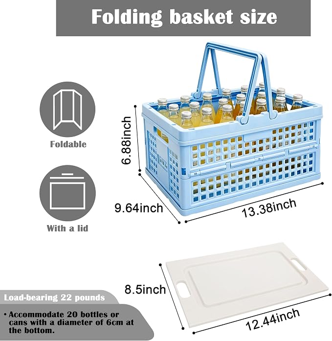Foldable Small Plastic Baskets with Lids and Handles for Organizing,Collapsible Storage Crates, Stackable Bins for Home Kitchen Bedroom Bathroom Office (Blue, 14 * 10 * 7)