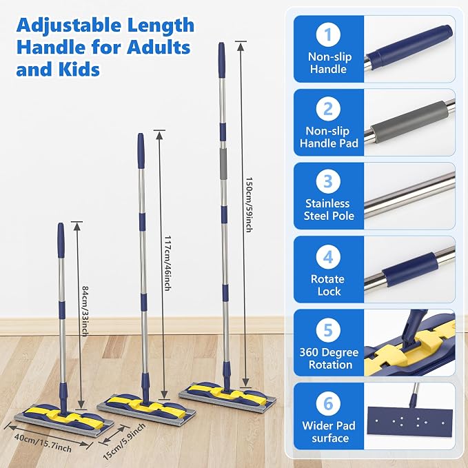 Microfiber Mops for Floor Cleaning: Flat Hardwood Floor Mop 4 Washable Pads | 59" Adjustable Handle, 360° Rotating Head, Commercial Dust Mop for kitchen Bathroom Tile Laminate Wood Vinyl Multi-surface