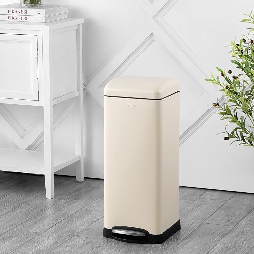 happimess HPM1007F Betty Retro 8-Gallon Step-Open Trash Can with Soft-Close Lid, Fingerprint Resistant, Modern, Minimalistic for Home, Kitchen, Laundry Room, Office, Bedroom, Bathroom, Almond | Fingerprint Resistant, Removable Liner, Semi-Rectangular, ...