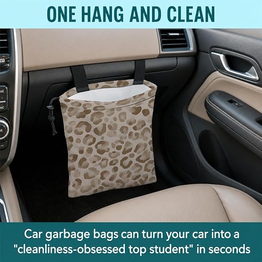 Neutral Beige Leopard Print Car Trash Bag Hanging for Back Seat | Cheetah Animal Print Canvas Drawstring Car Garbage Bag with Adjustable Buckle Vehicle Trash Can