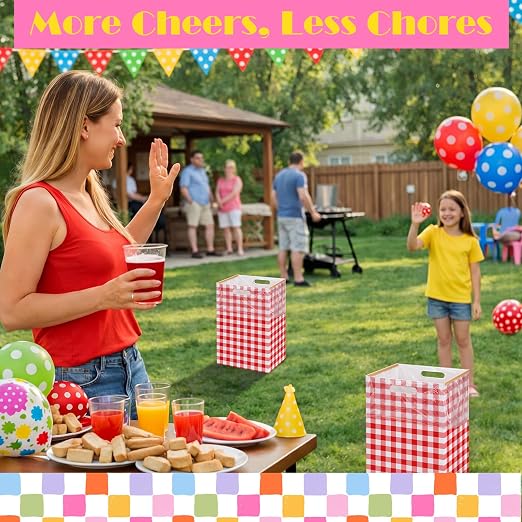 Hushee 4 Pcs 13 Gallon red Plaid Disposable Pop up Trash Cans for Parties | Cardboard Garbage Can with Handles, Trash Bags, Clip, Collapsible Trash Cans, Portable Gingham Trashs Bins for Event, Kitchen