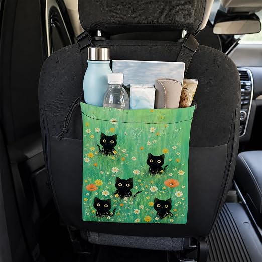 Black Cat Floral Car Trash Bag Hanging for Back Seat | Cottagecore Black Cat Canvas Drawstring Car Garbage Bag with Adjustable Buckle Vehicle Trash Can