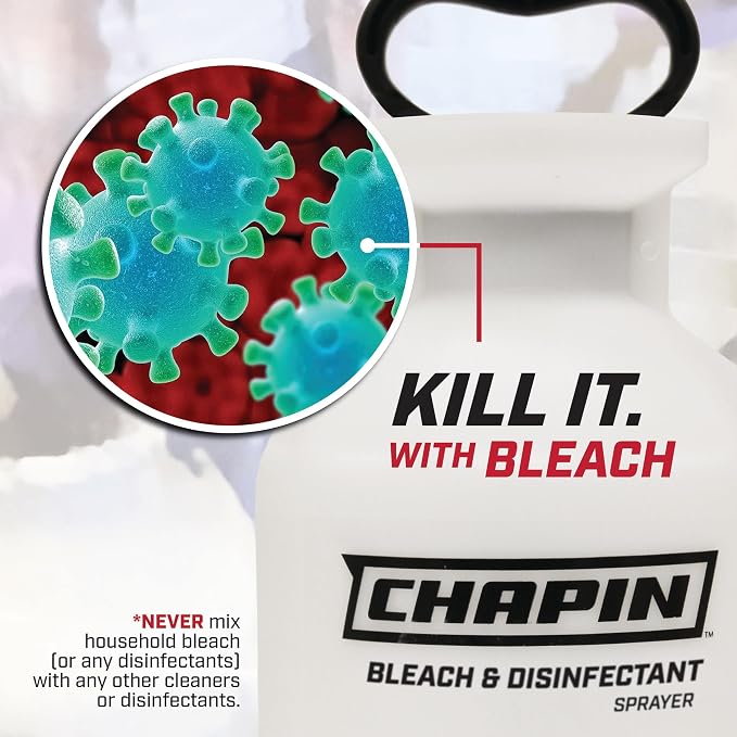 CHAPIN 1-Gallon Bleach Sprayer, Built for Disinfecting Tasks | Chemical-resistant tank and seals; ideal for mold removal, disinfecting and cleaner applications with nozzle and 40-in hose
