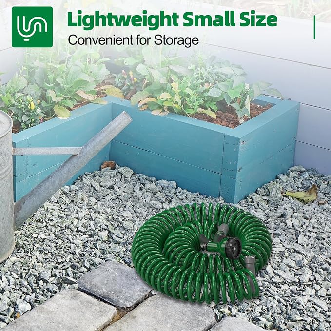 SPECILITE 3/8" Lightweight Coil Garden Hose 75 FT, EVA Flexible Water Hose | Curly Pipe with 6-Pattern Spray Nozzle for Outdoor, Boat, Greenhouse, Yard, Patio, Green