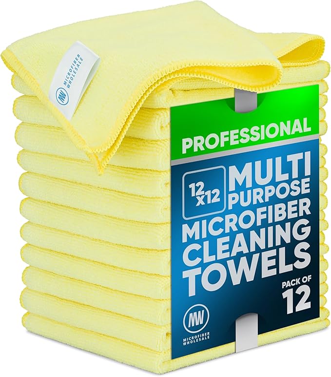 MW PRO Microfiber Cleaning Cloths Yellow (12 Pack, 12x12) - Commercial Janitorial Towels & Lint Free Rags - Heavy Duty for Auto Detailing, Glass Windows, Housekeeping & Screens - Washable 300+ Times