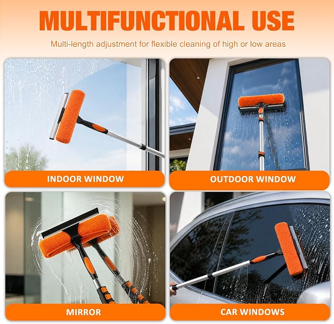 26FT Window Squeegee with Extension Pole, 2-in-1 Squeegee for Window Cleaning, Professional Cleaning Kit for Home with 20FT Telescoping Pole for Outdoor Indoor Use