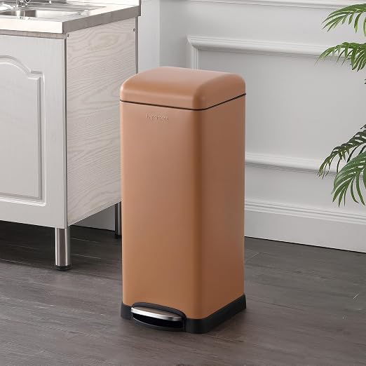happimess Betty 8 Gal Step Trash Can Soft-Close Lid, Clay Rose | Removable Liner, Semi-Rectangular, Steel Pedal, Iron Powder Coated, 27" Height, Non-Skid Base